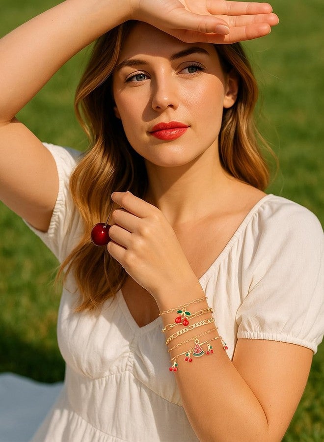 Tiefebene 6Pcs Gold Bracelets for Women, Cherry Gold Plated Bracelet Stack Paperclip Chain, Waterproof Non-Tarnish Chain Bracelet Set, Dainty Trendy Jewelry Gift, Adjustable 6.7-8.7" - Image 4